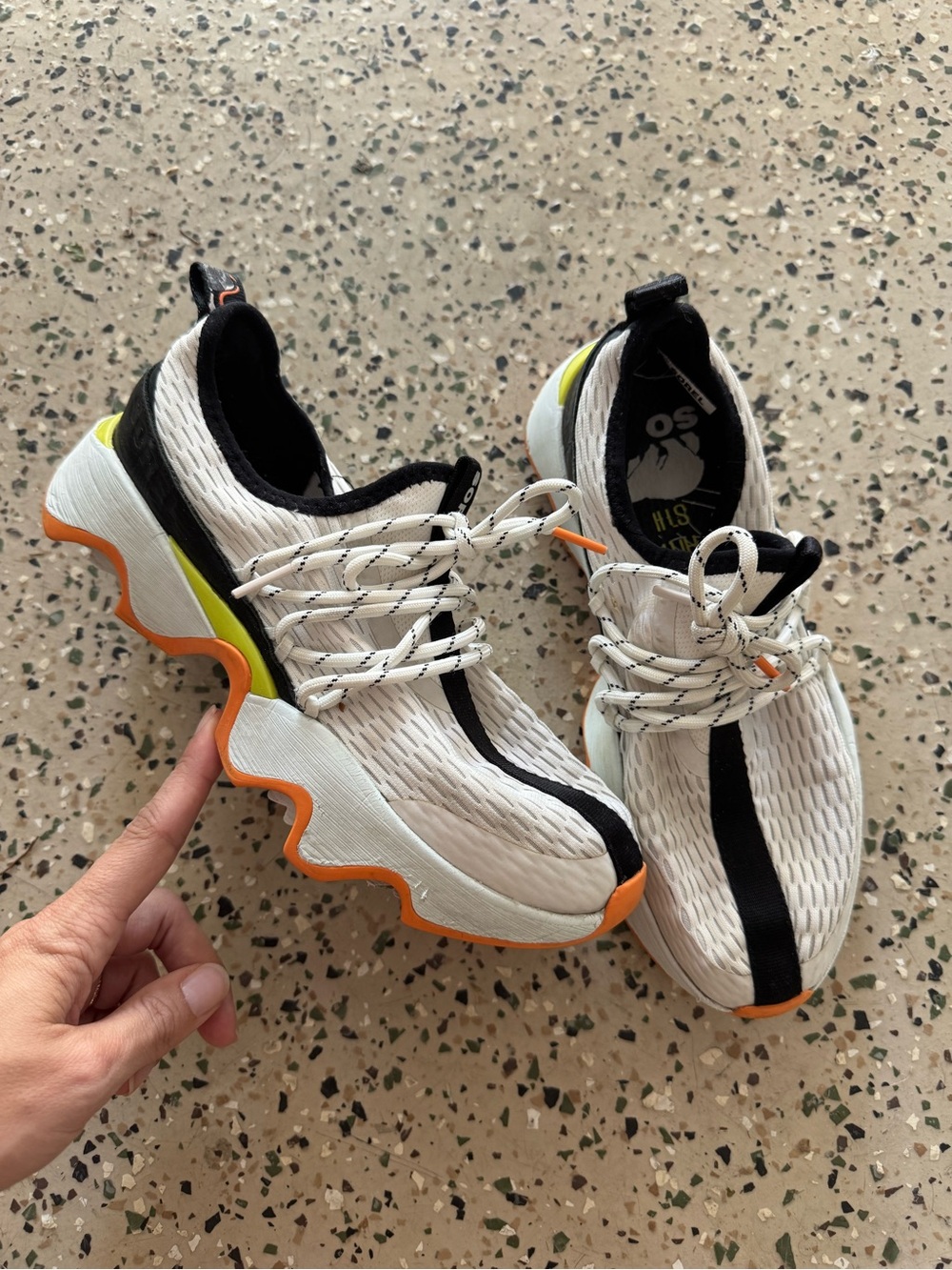 Chunky Wavy Sole Sorel Sneakers in White, Black & Orange size 7